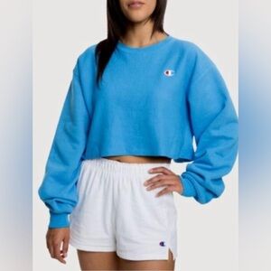 Champion Reverse Weave Cut-Off Cropped Crewneck Sweatshirt Aqua Blue Womens Sz S
